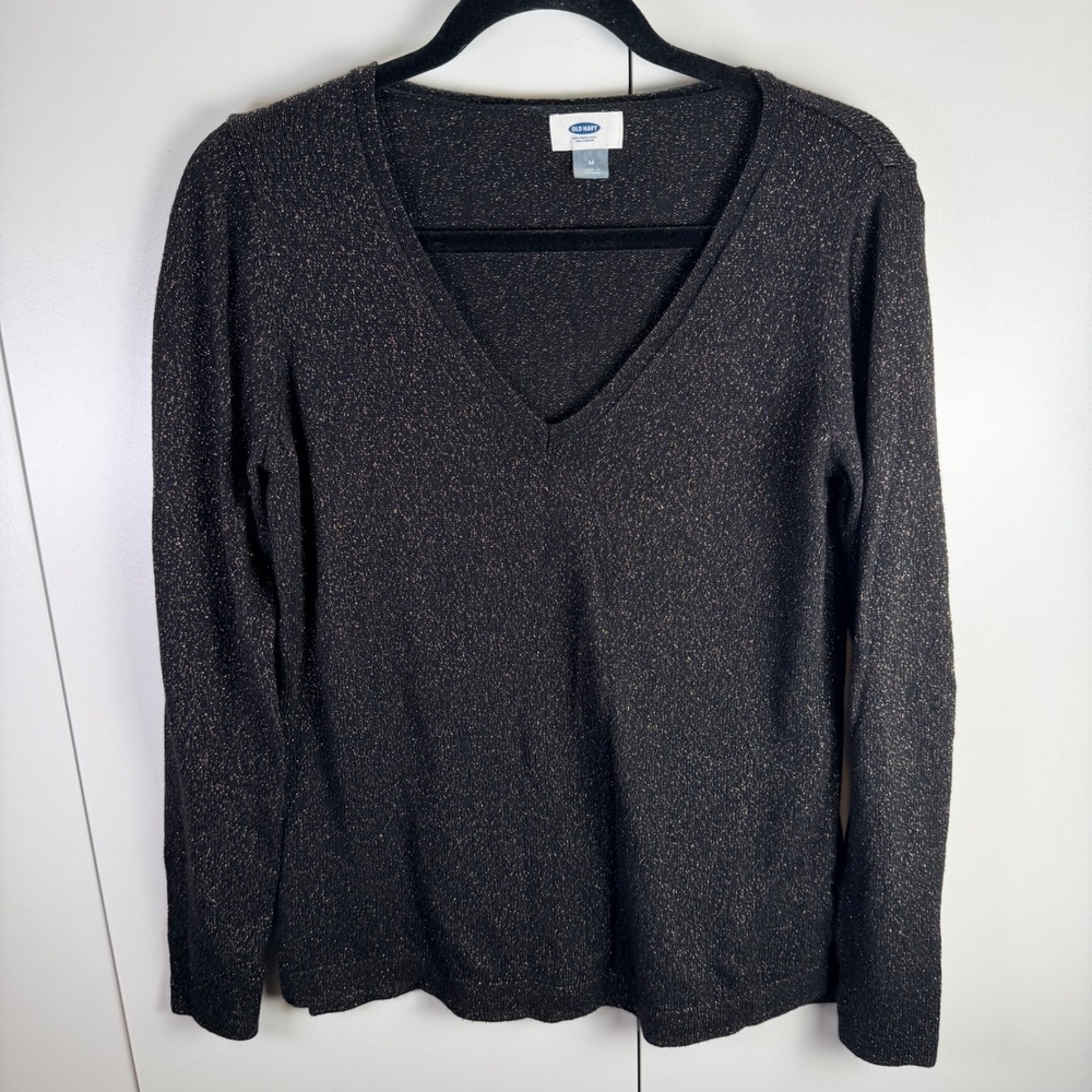 Old Navy Womens M Black Gold Sparkle V Neck Long Sleeve Sweater Holiday Party